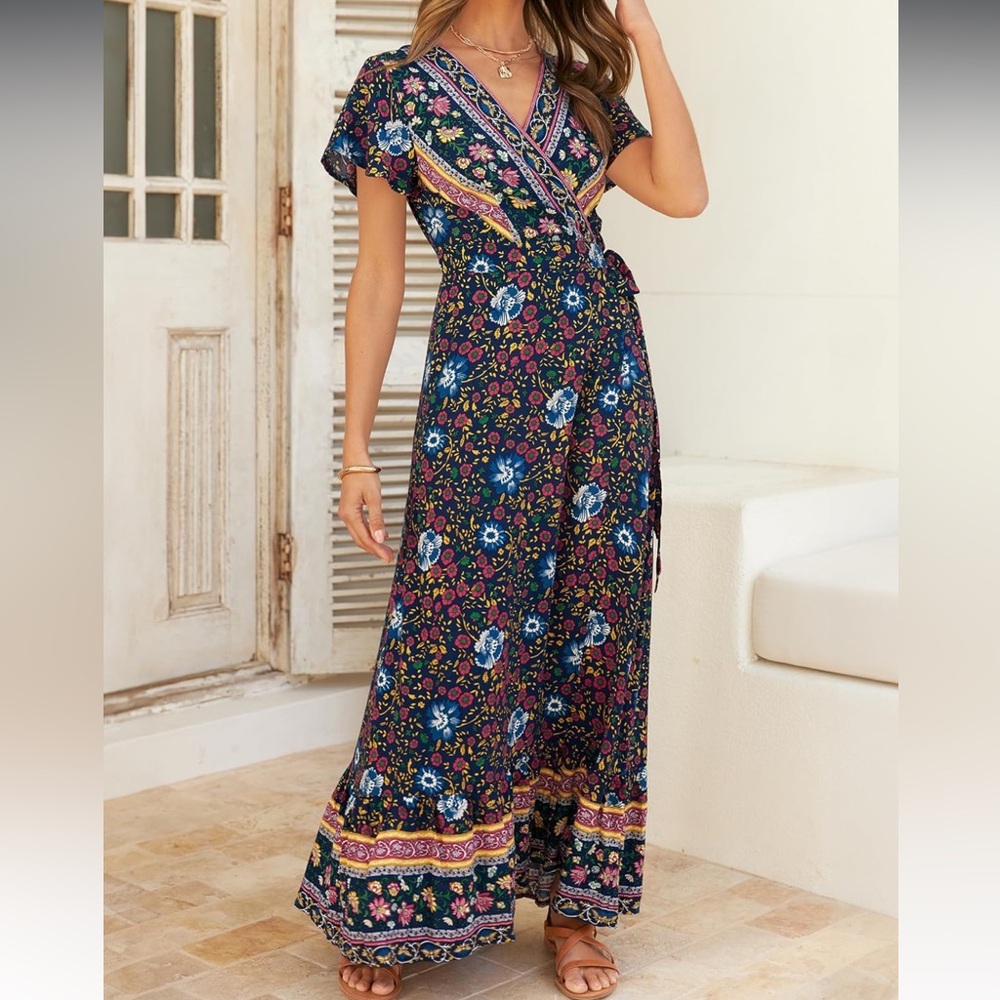 Zesica Bohemian Floral Maxi Wrap Dress Size Small - Picture 2 of 12